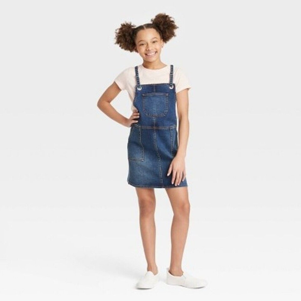 NWT Girls' Size XL, Skinny Strap Jeans Skirtall - Cat & Jack Dark Wash (H11)